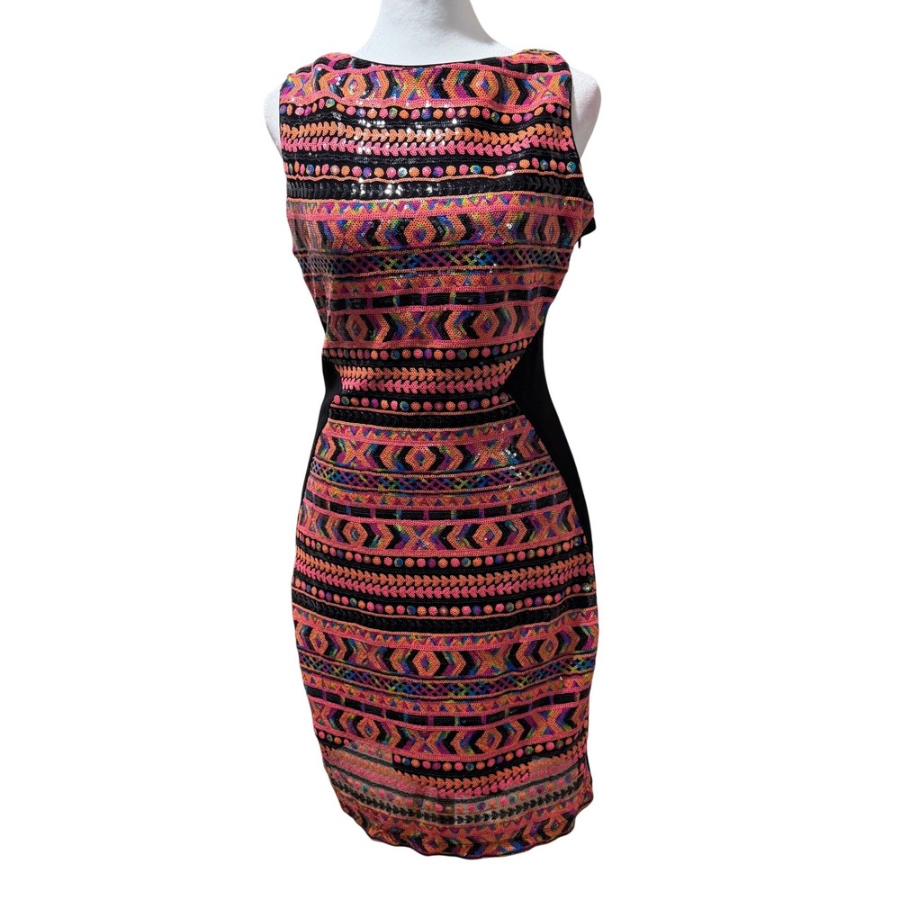 Hale Bob Geometric Sequin Tribal Bodycon Dress Neon Pink Orange Black Festival M